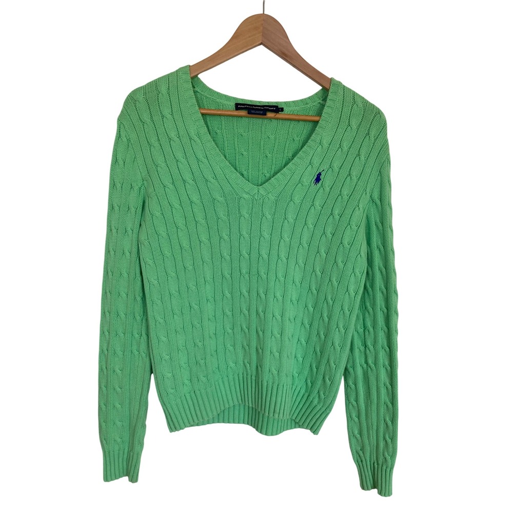 Ralph Lauren Sport Womens Mint Green Cable Knit V-Neck Cotton Sweater Large